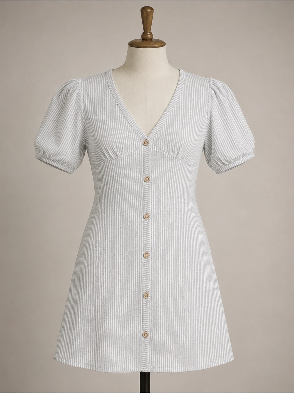 Caution To The Wind Button-Front V-Neck Dress in Light Gray Stripe